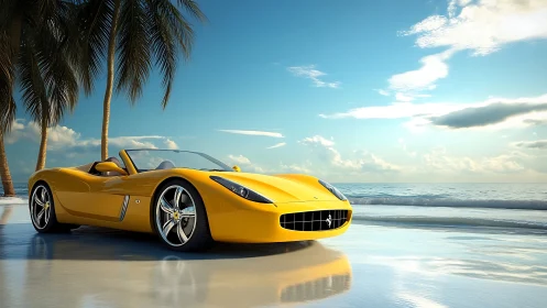 Photoreal roadster on reflective tropical shoreline at dusk.