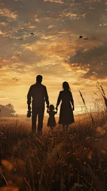 Family silhouette at golden hour in meadow.