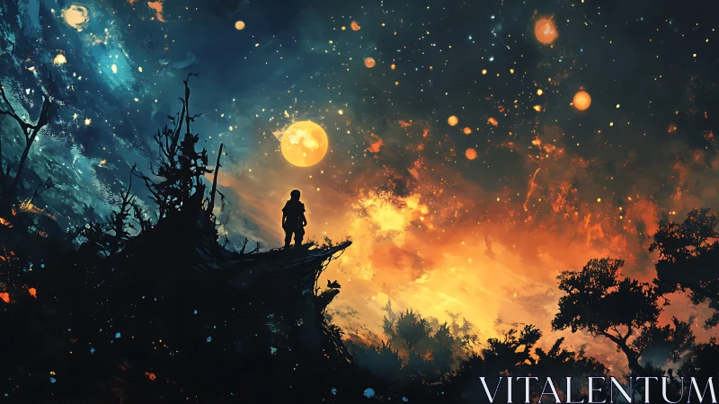 Wanderer gazes up at a glowing sky of stars and wonder