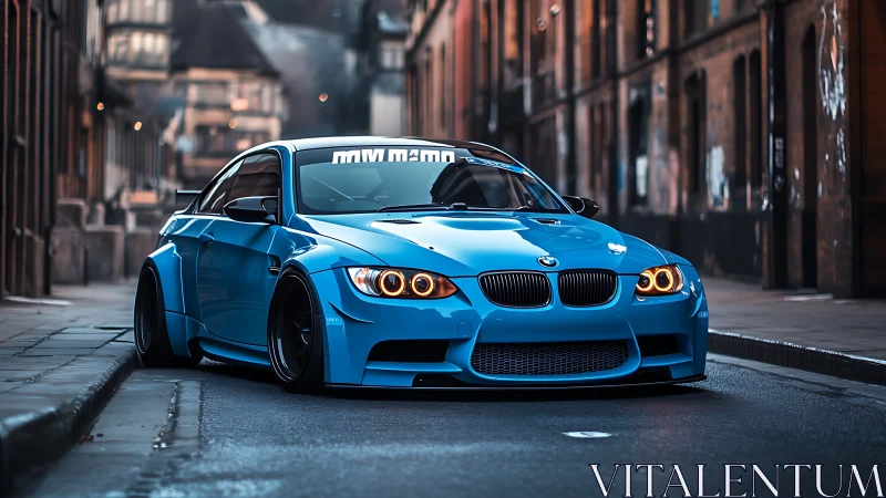 Photorealistic widebody BMW coupe on moody urban street at dusk.