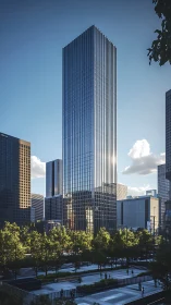 Glass curtain-wall office tower above tree-lined urban plaza