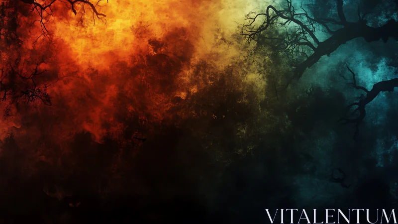 Twilight branches over fire and foggy twilight sky.