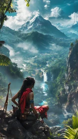 Solitary figure observing expansive misty mountain valley.