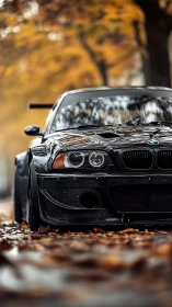 Black performance coupe on leaf-covered autumn street.