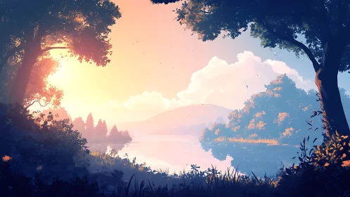 Sunlit river landscape framed by trees and distant hills.