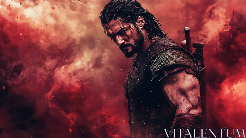 Digital painting of brooding warrior in crimson storm field.