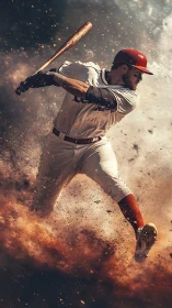 Powerful baseball swing bursting through flying dust.
