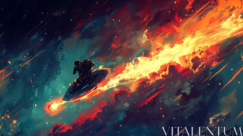 Warrior Surfing Cosmic Firestorm Through Turbulent Sky.