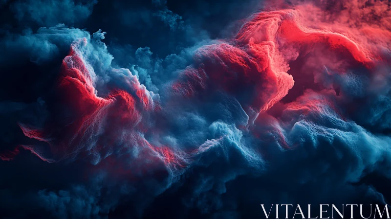 Red and blue abstract storm clouds in dark space.