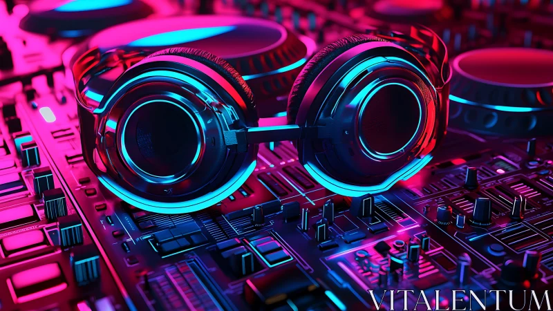 Neon-accent DJ headset on immersive digital audio mixer system.