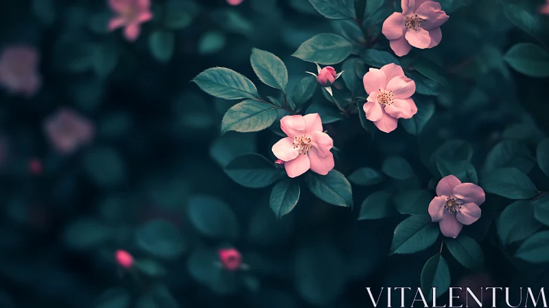 Pink flowering shrub with teal foliage in low-light conditions.