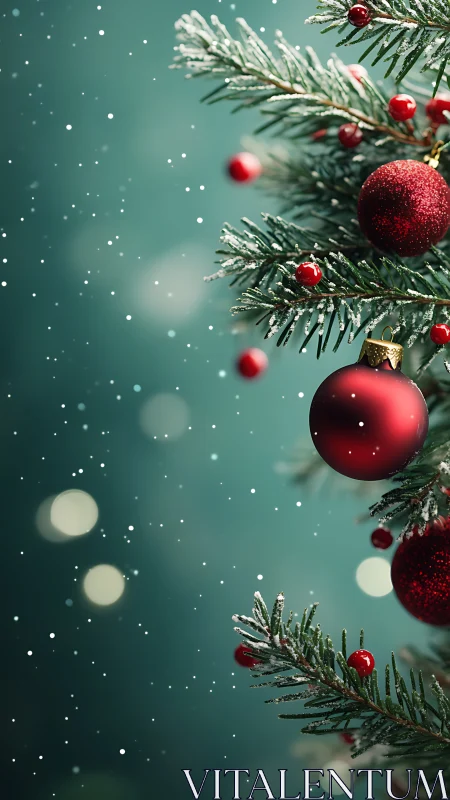 Cozy red ornaments glowing on a softly falling winter tree.