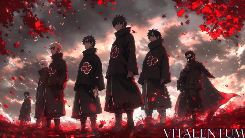 Akatsuki-style ninja squad under blazing crimson sky.