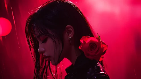 Moody side profile portrait with red rose and neon light.