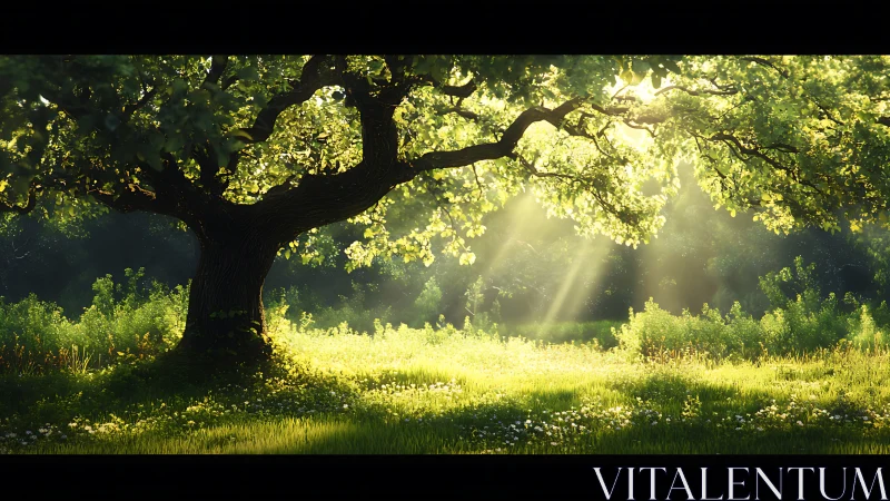 Sunlit woodland tree with broad canopy in soft light.