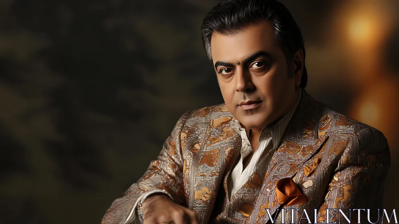 Regal gaze in bronze brocade, poised under velvet light.