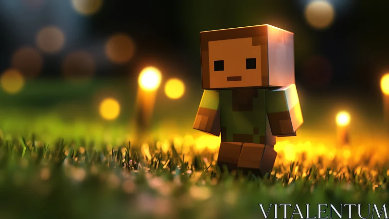 Cozy blocky adventurer wandering through a glowing lawn.