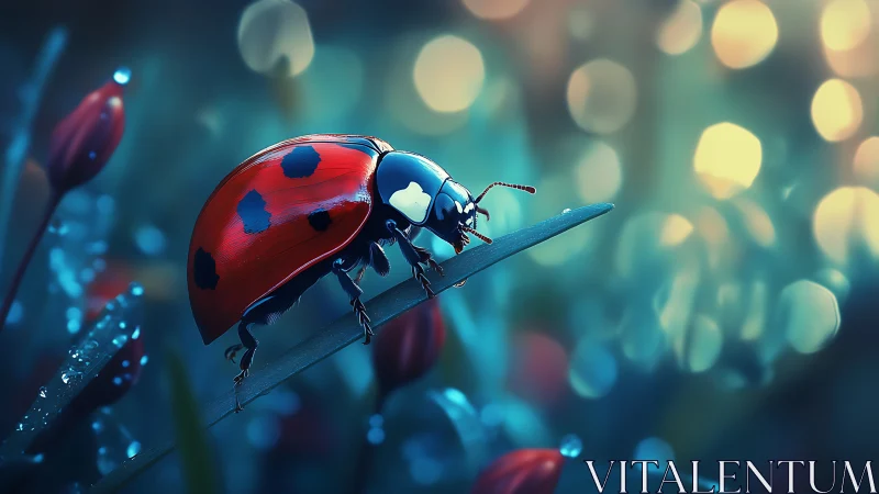 Ladybug tiptoes through moonlit bokeh in a dewlit garden