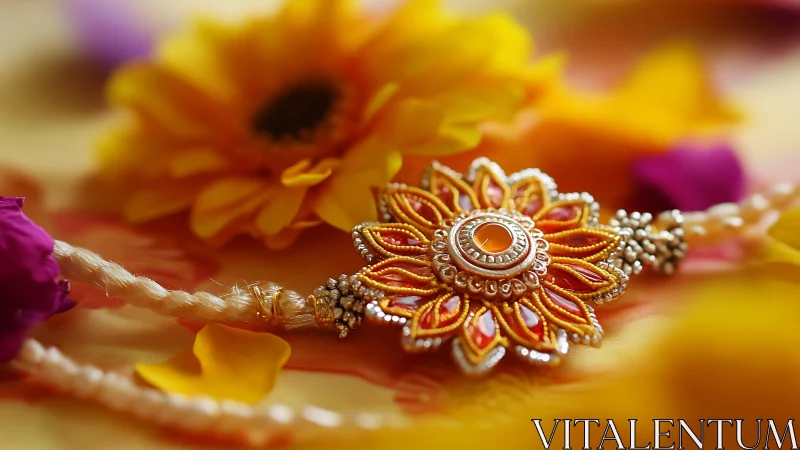 Intricate festive rakhi rests among soft marigold petals.