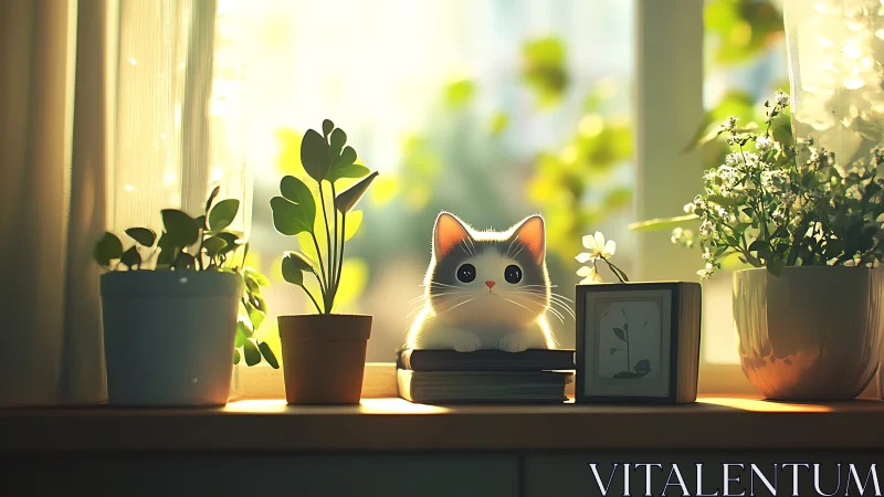 Illuminated Feline Silhouette Among Potted Flora and Golden Window Light