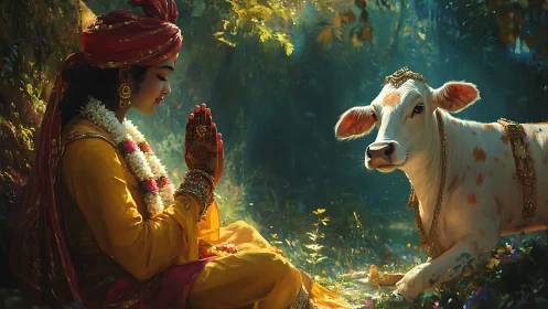 Human figure in yellow attire seated before adorned cow.