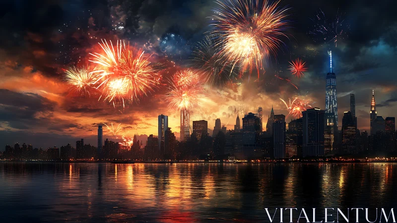 City skyline at night with dense, colorful fireworks display.