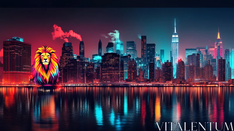 Neon lion dominates futuristic skyline over reflective bay