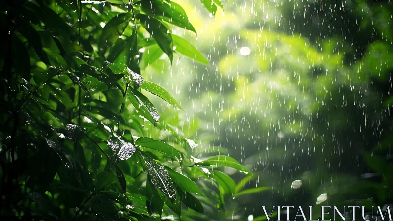 Rainlit jungle leaves shimmer in a quiet emerald downpour.