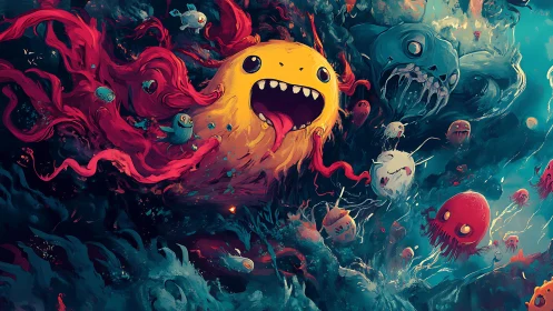 Surreal underwater scene with colorful cartoon creatures.