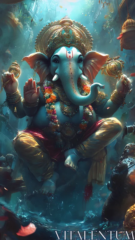 Divine blue Ganesha floating in luminous underwater temple.