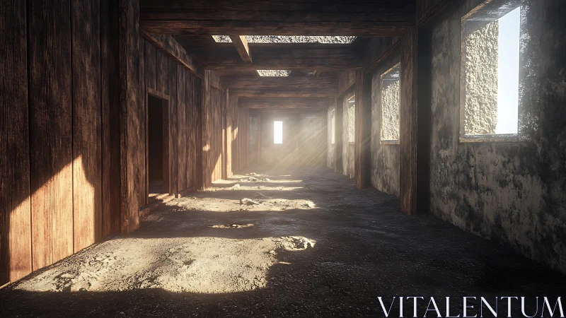 Sunlit abandoned corridor rendered with volumetric dust rays