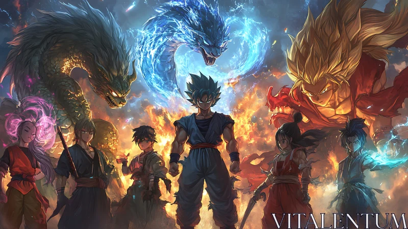 Heroic anime warriors confront elemental dragon forces in battle