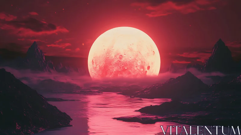 Crimson exoplanet seascape with oversized cratered moonrise