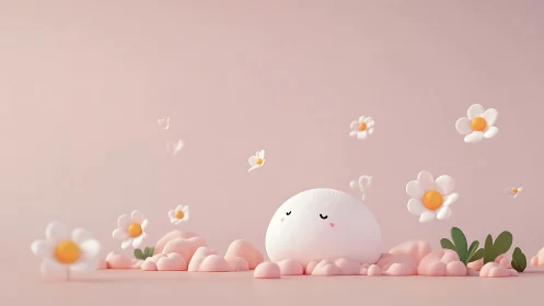 Pastel character rests among floating white daisy blooms.