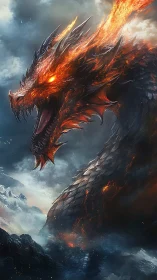 Infernal mountain dragon roaring through storm clouds.