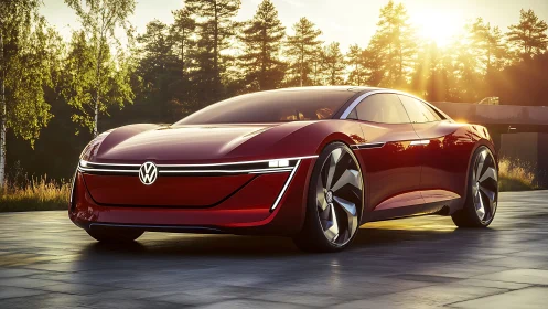 Photorealistic electric concept coupe in sunset environment.