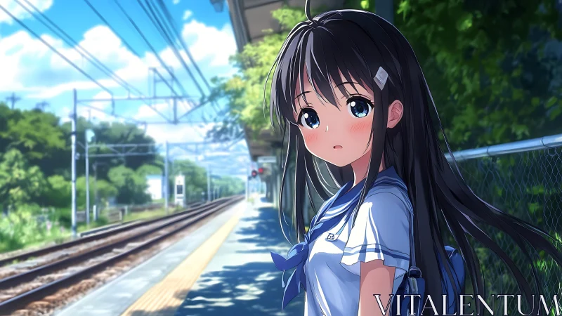 Schoolgirl in sailor uniform at rural train platform in sun.