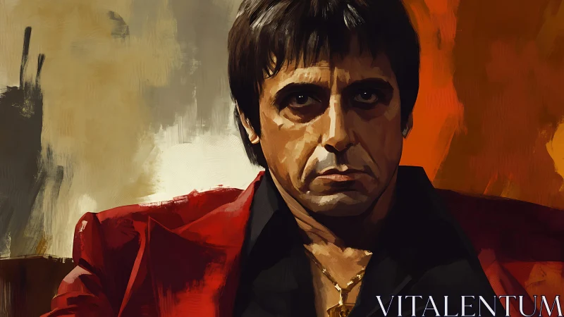 Digital portrait of man in red jacket against warm backdrop.