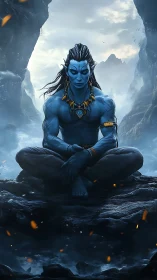 Blue meditative deity rendered in dramatic atmospheric digital art