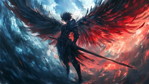 Dark winged warrior stands between fire and storm skies