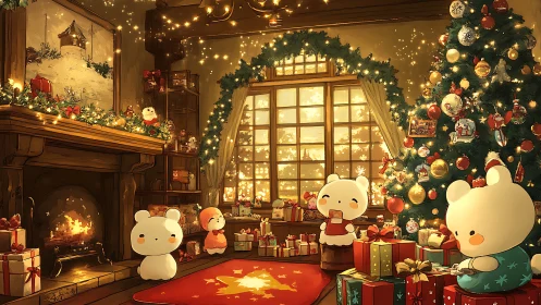 Cartoon bears in decorated living room at Christmas time.