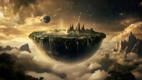 Levitation of a spherical sky-island with orbital waterfalls.