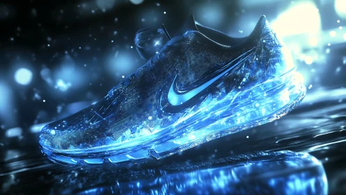 Glowing blue sneaker steps forward in a sleek neon dreamscape
