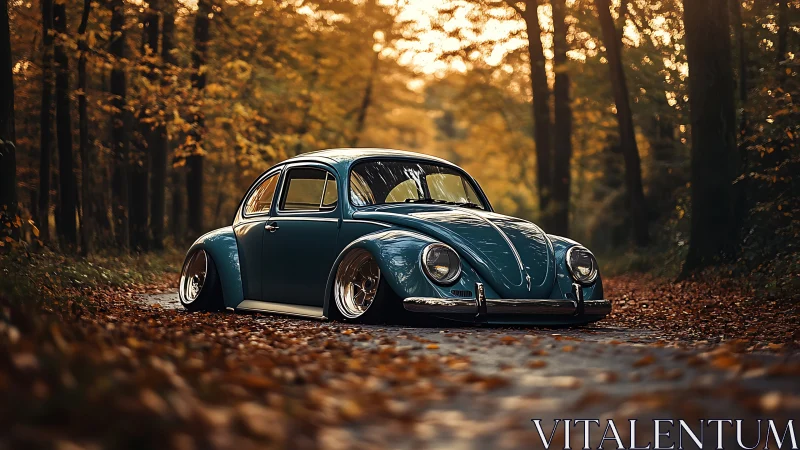 Lowered teal classic Beetle on leaf-covered forest road.