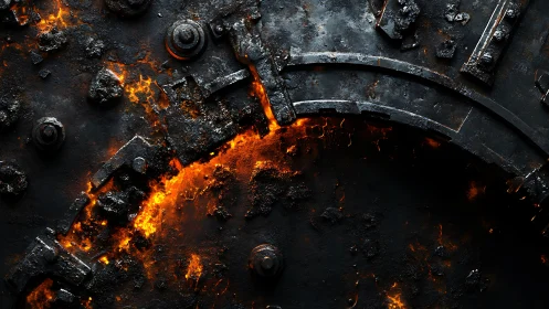 Molten fissure cuts through charred steel industrial surface