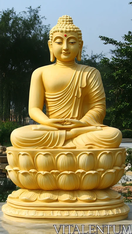 Polished golden Buddha sculpture on tiered lotus pedestal.