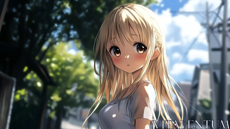 Blonde anime girl stands on sunlit residential street