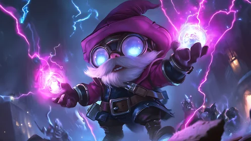 Gnome mage in goggles channels purple lightning energy.