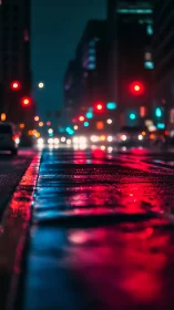 Neon reflections on wet city street with cinematic bokeh glow.