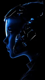 Side profile of blue lit futuristic female cyborg head.